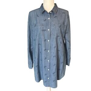 Disney Denim Chambray Mickey Mouse Print Long Sleeve Shirt Dress Medium